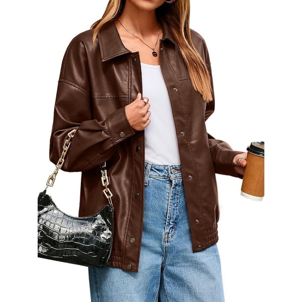 Women's Oversized Faux Leather Brown Jacket Button Down Moto Bomber Winter Coat